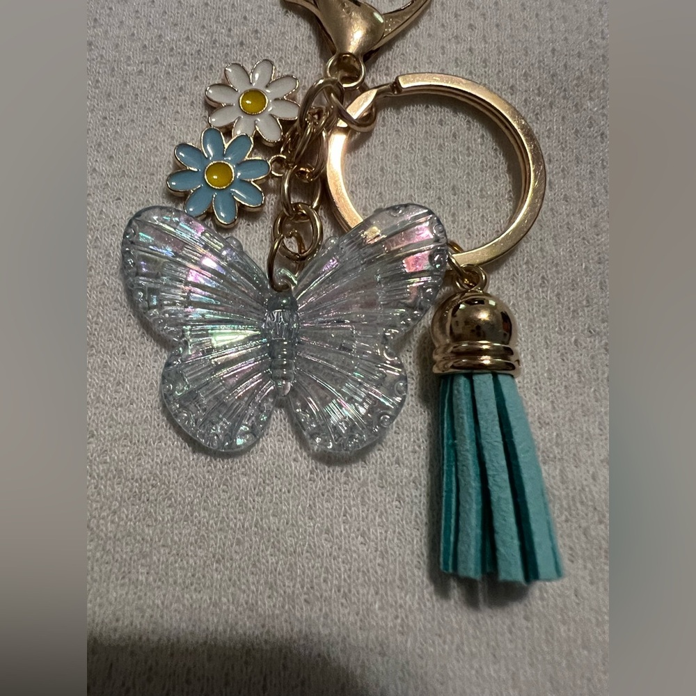 Gold and Blue Butterfly Keychain/bag charm with Tassel New in package - Picture 2 of 2